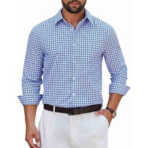 Men’s Long Sleeve Plaid Dress Shirt, Cotton Button-Down Wrinkle-Free Blue Shirt